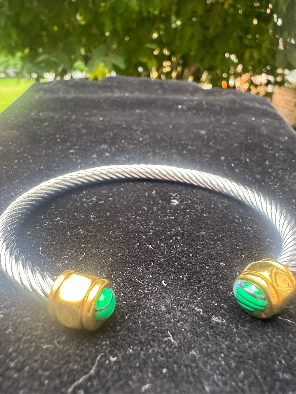 Cuff cable bracelet Silver-Tone Cable Cuff Bracelet with Green Stone Accents